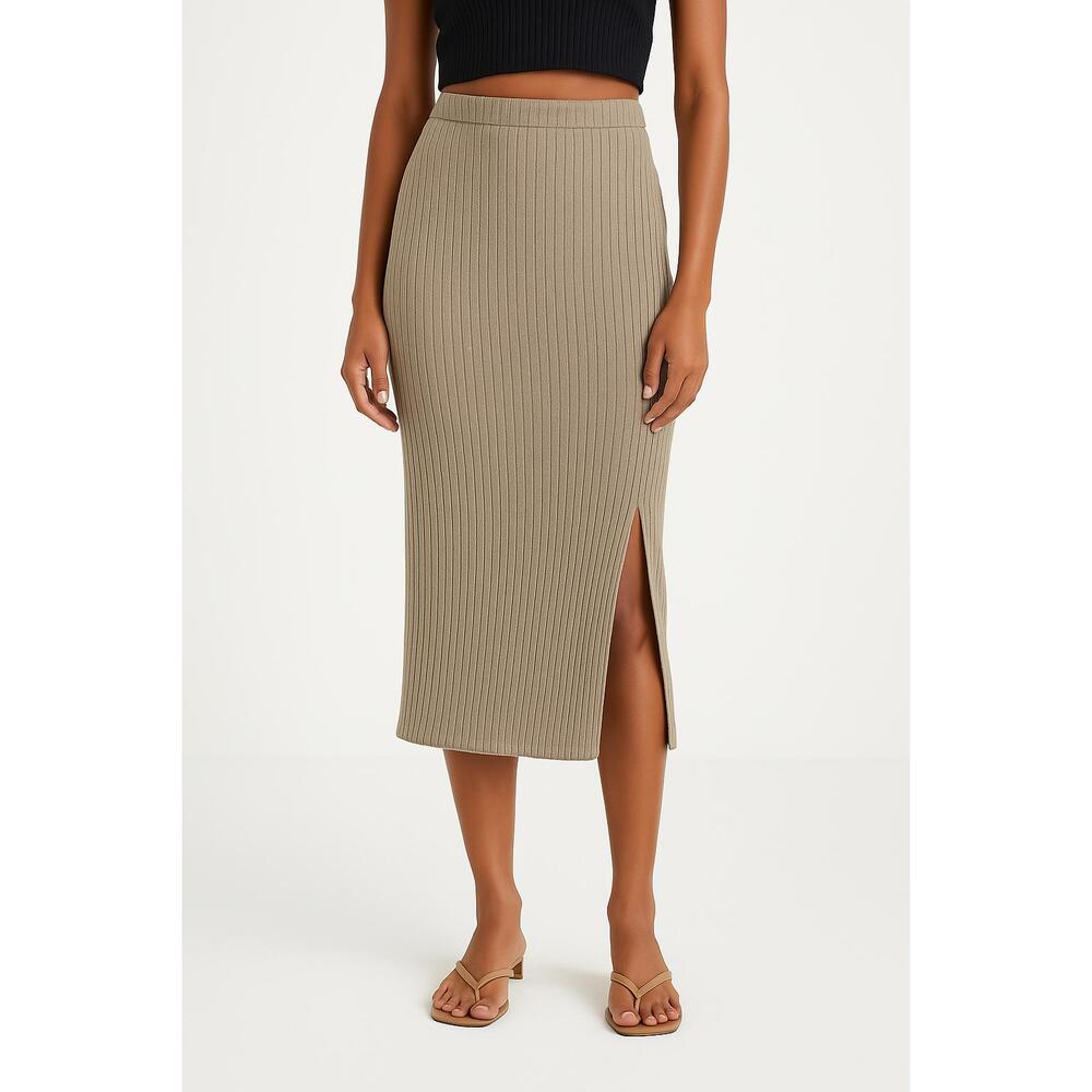 NEW Abercrombie & Fitch Soft A&F Tan Ribbed Knit Pencil Slit Midi Skirt Size L
